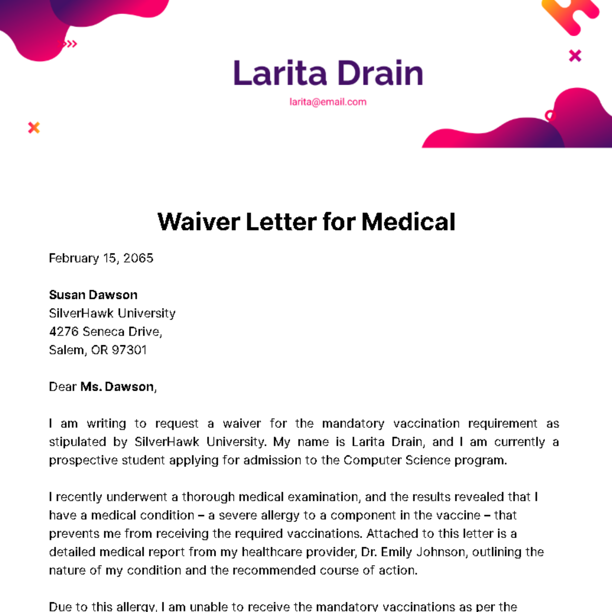 Waiver Letter for Medical Template