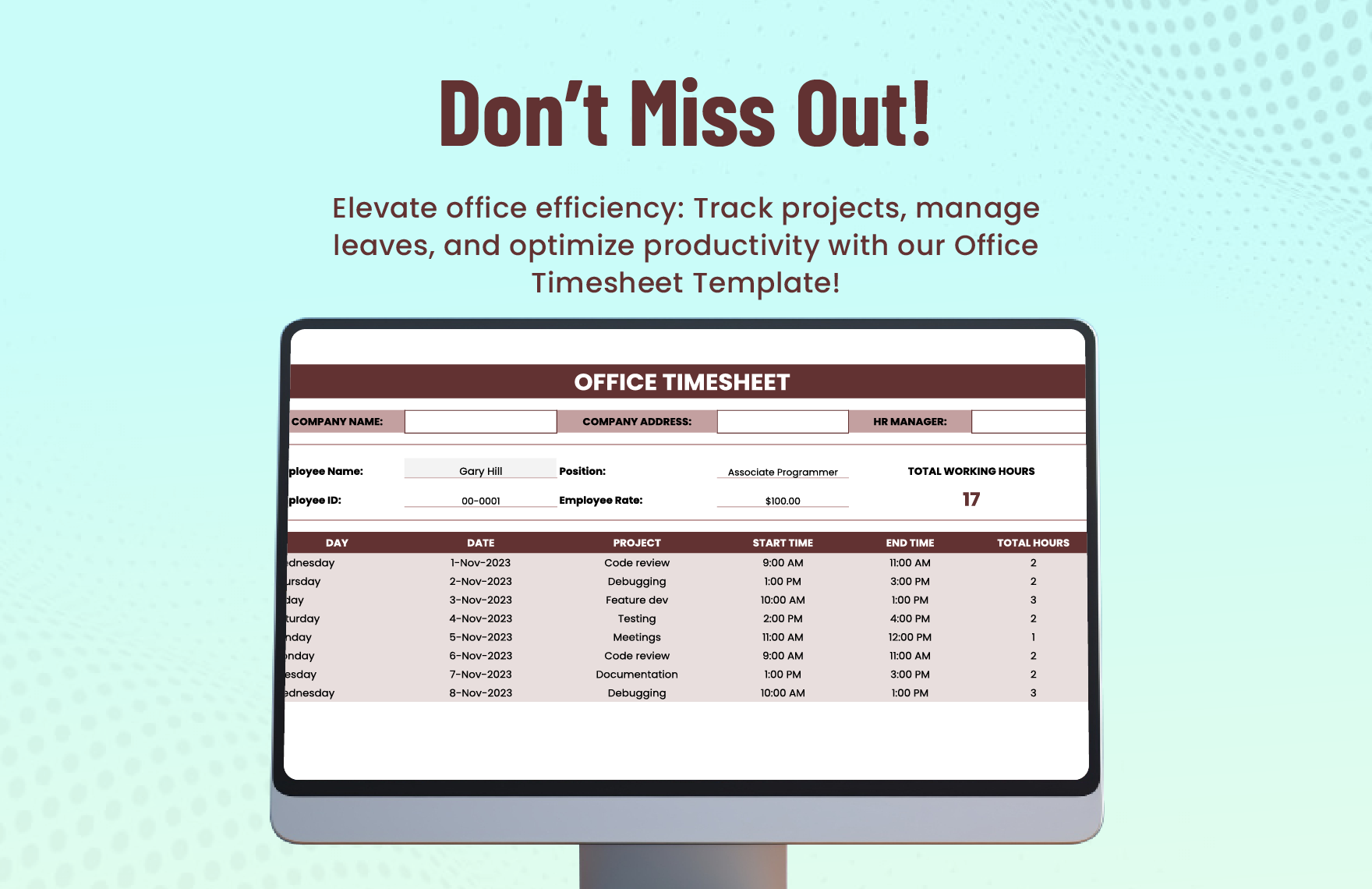 Office Timesheet Template - Download in Excel, Google Sheets | Template.net