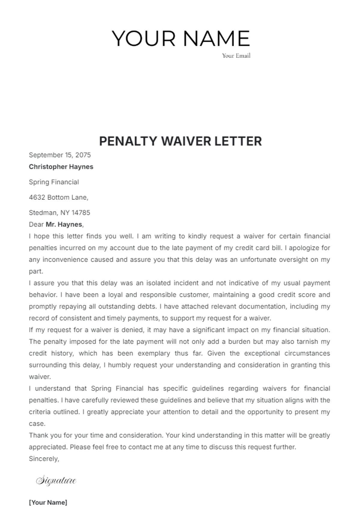 Free Penalty Waiver Letter Template to Edit Online