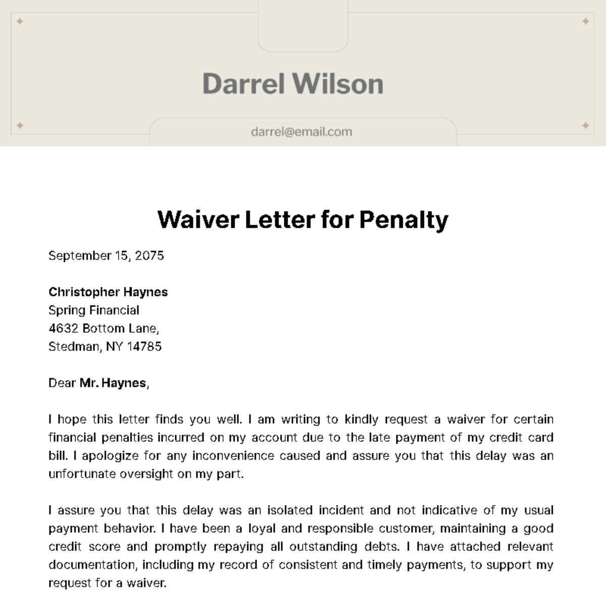 Free Waiver Letter for Penalty Template