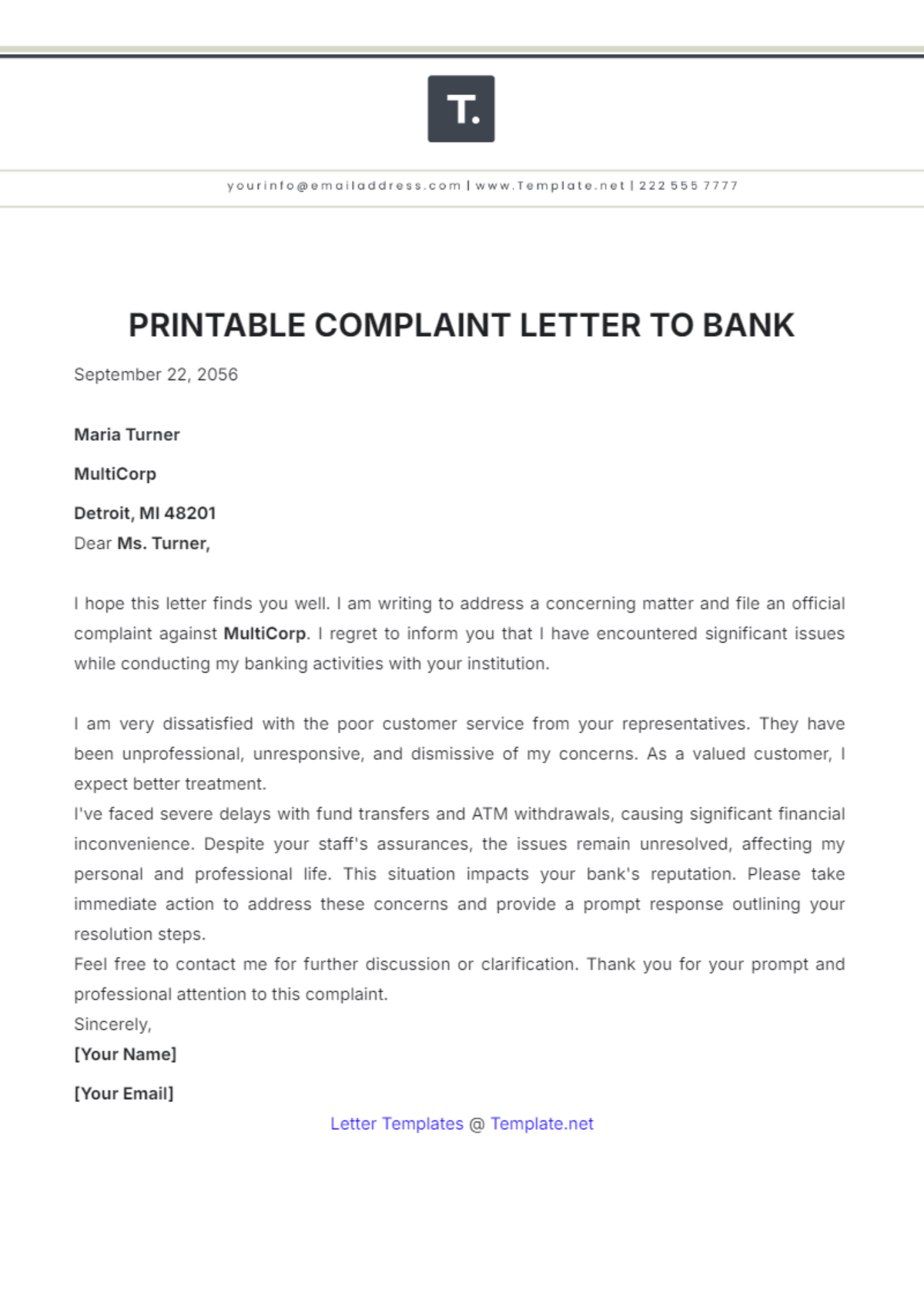 Printable Complaint Letter to Bank Template - Edit Online & Download