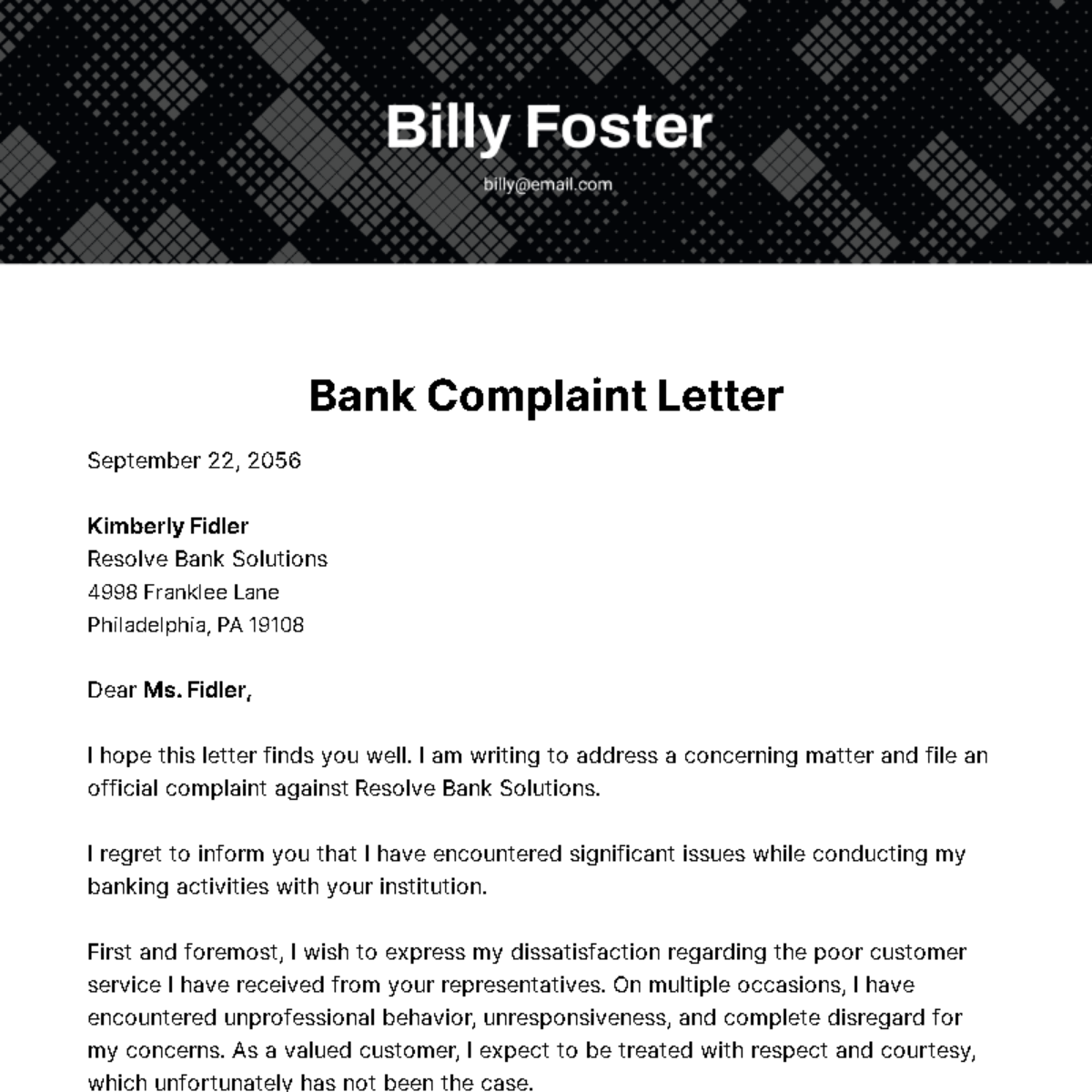 Free Bank Complaint Letter Template