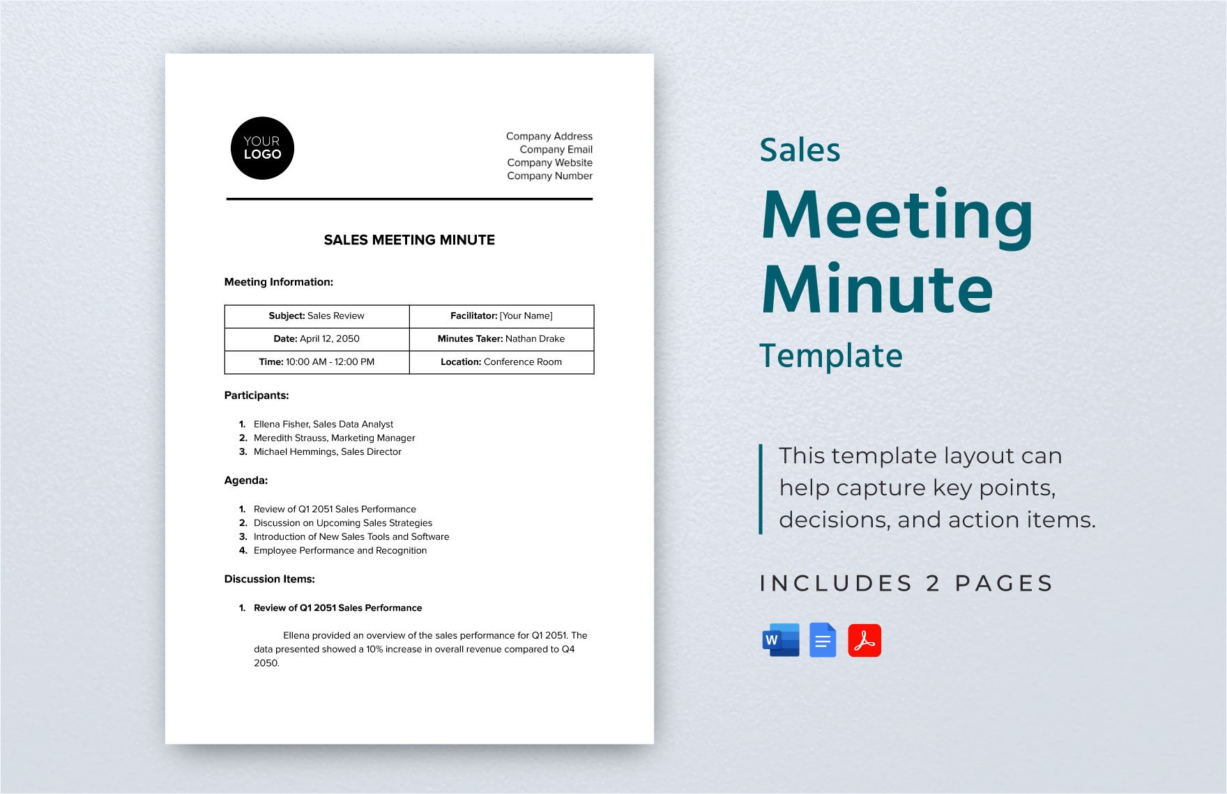 Sales Meeting Minute Template in Word, Google Docs, PDF