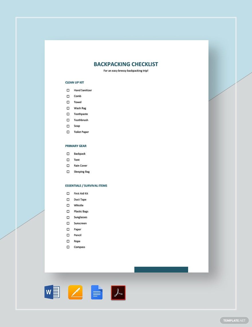 Backpacking Checklist Template in Word, Google Docs, PDF, Apple Pages