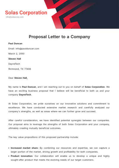 Free Proposal Letter to a Company  Template to Edit Online