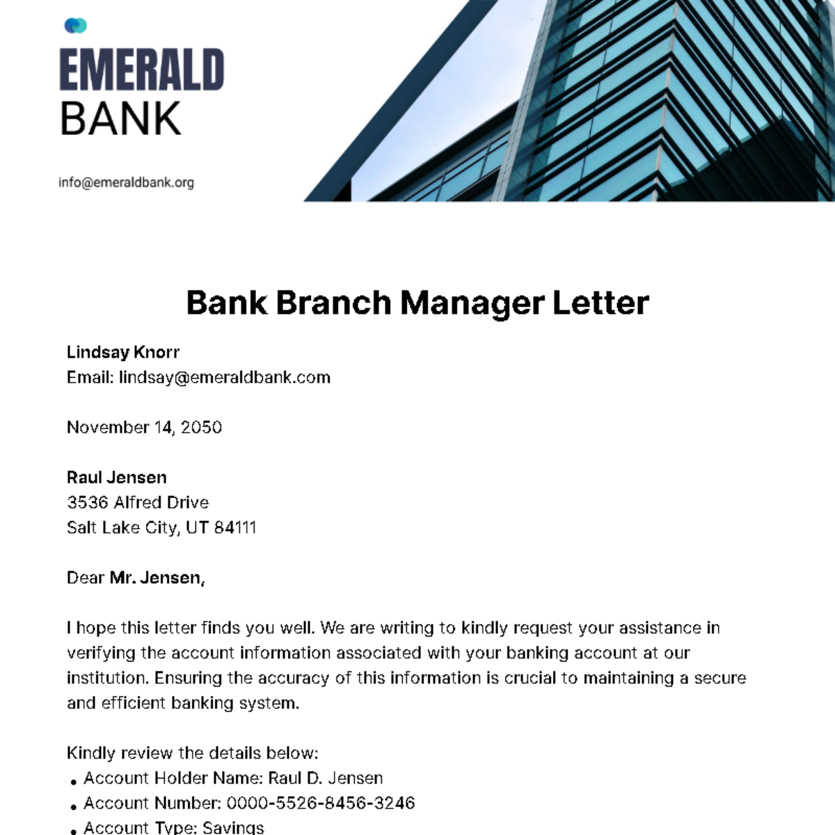 Bank Branch Manager Letter Template