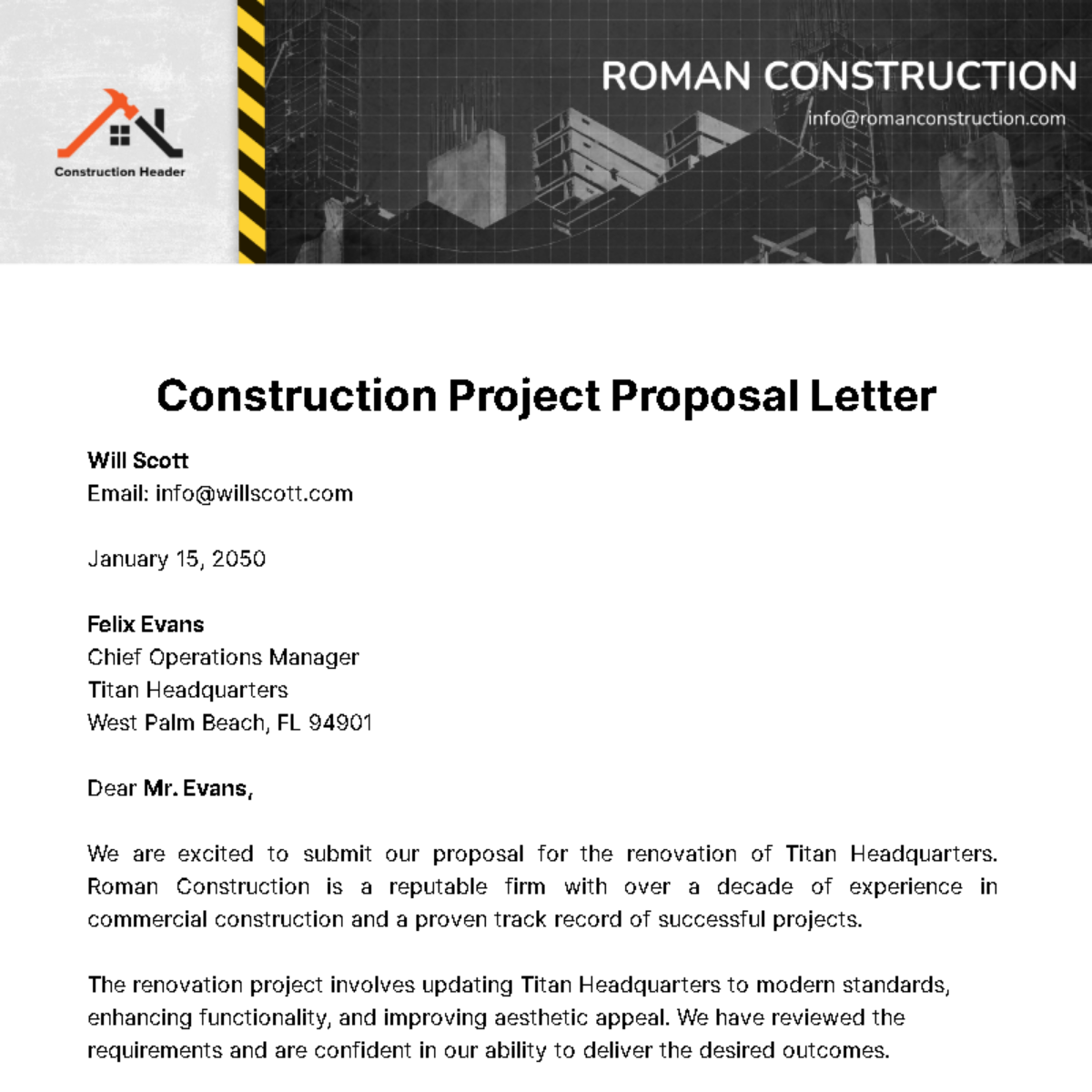 Construction Project Proposal Letter  Template