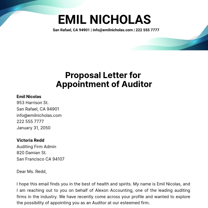 Free Proposal Letter for Appointment of Auditor  Template