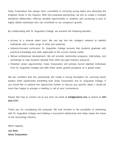 Free Proposal Letter to College for Placement  Template to Edit Online