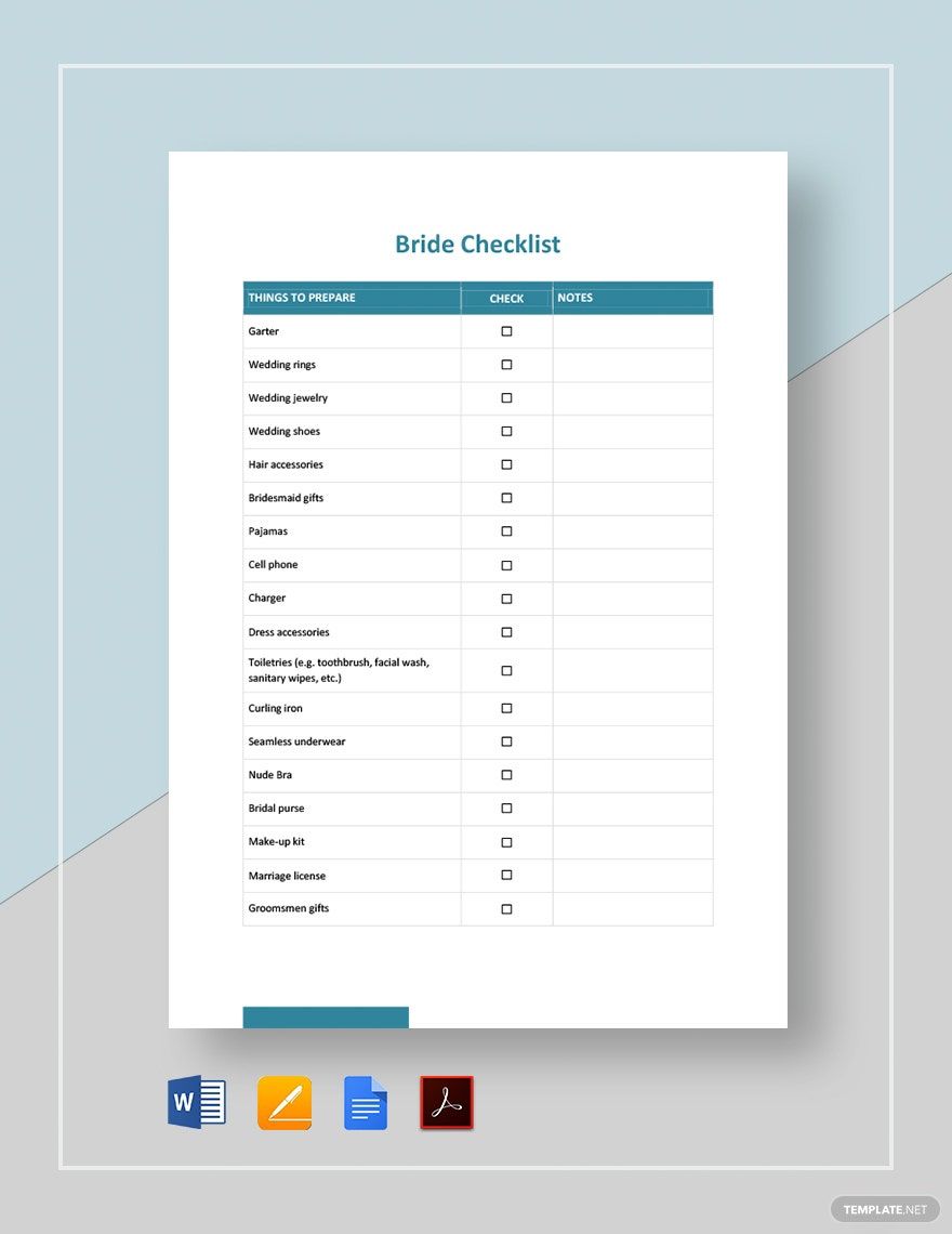Bride Checklist Template in Word, Google Docs, PDF, Apple Pages
