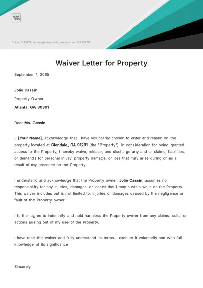 Free Waiver Letter for Property Template to Edit Online
