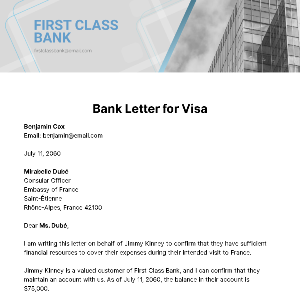 Bank Letter for Visa Template