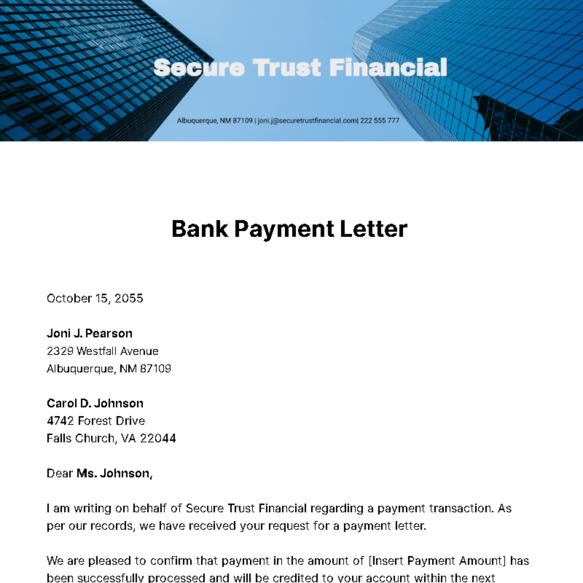 Bank Payment Letter Template