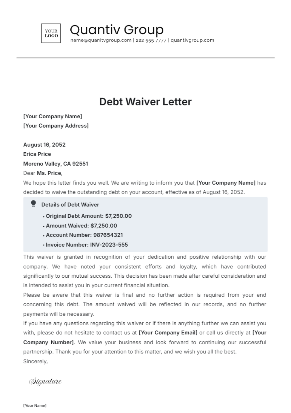 Debt Waiver Letter Template - Edit Online & Download