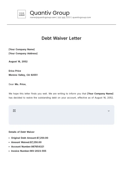 Free Debt Waiver Letter Template to Edit Online