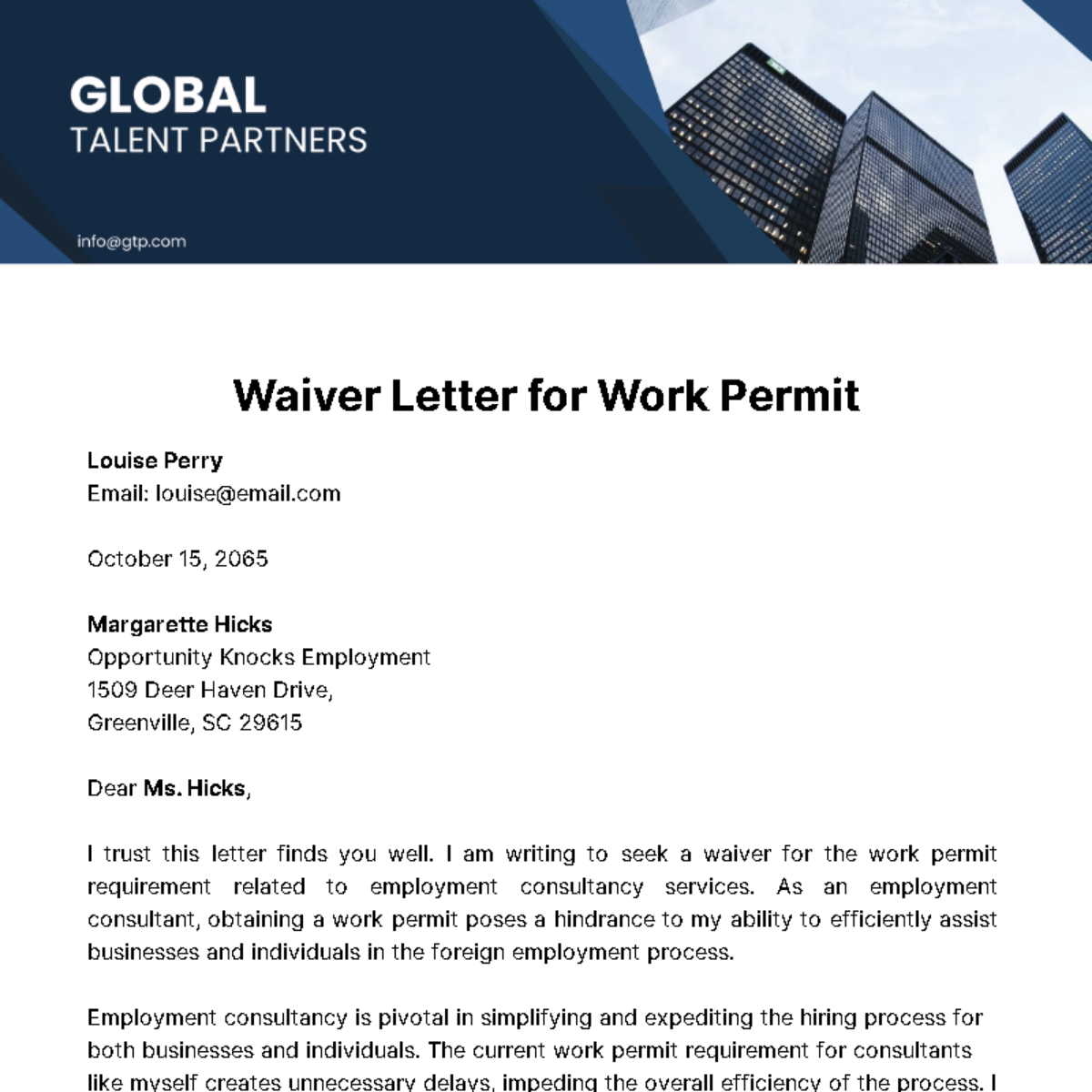 Free Waiver Letter for Work Permit Template