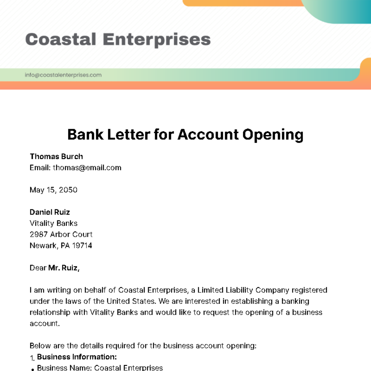 Free Bank Letter for Account Opening Template