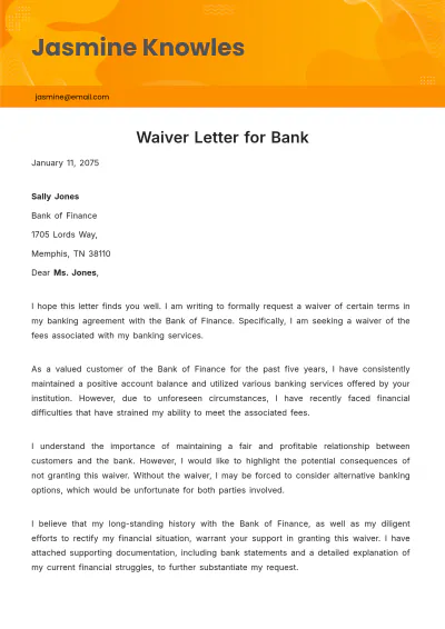 Free Waiver Letter to Bank Template to Edit Online