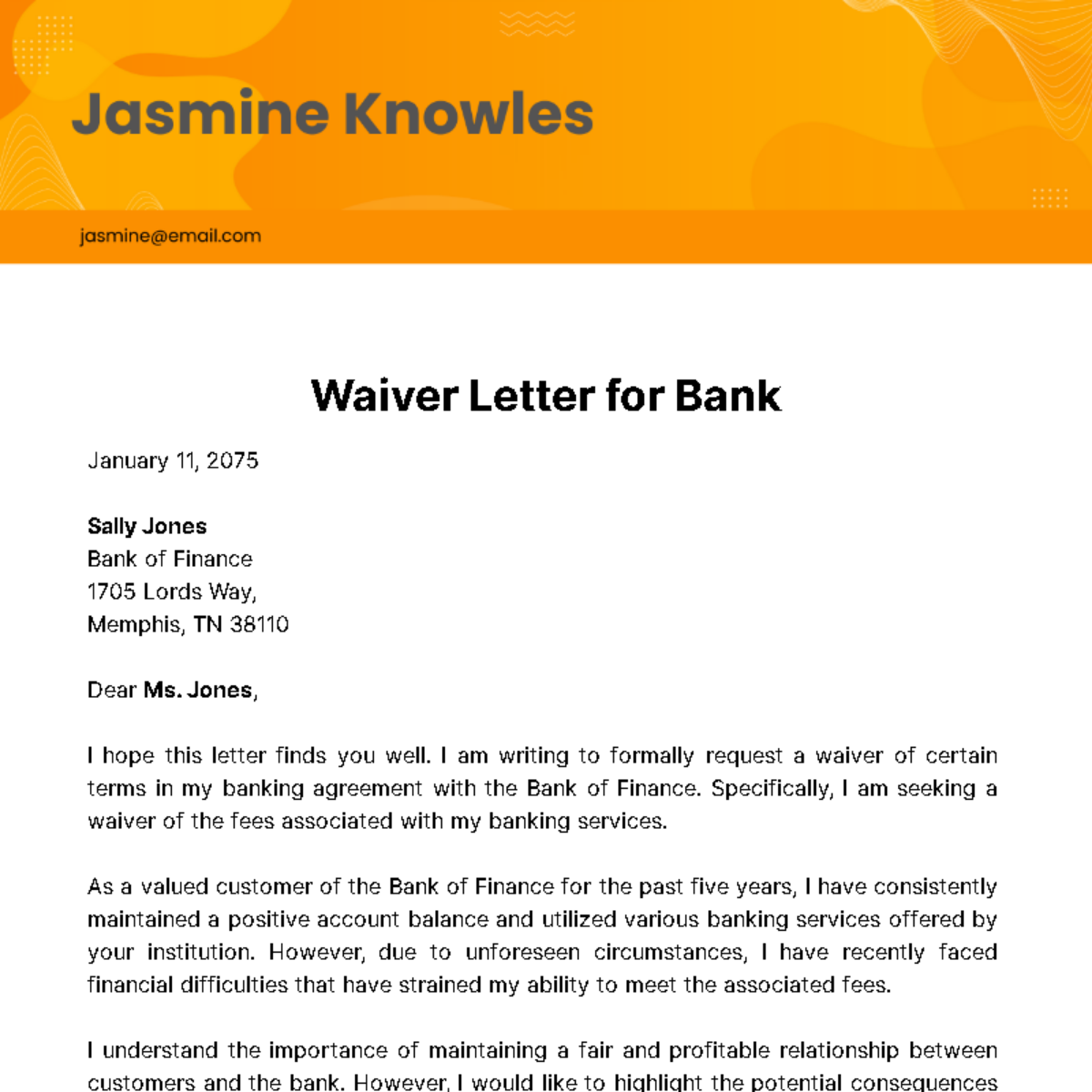 Free Waiver Letter to Bank Template