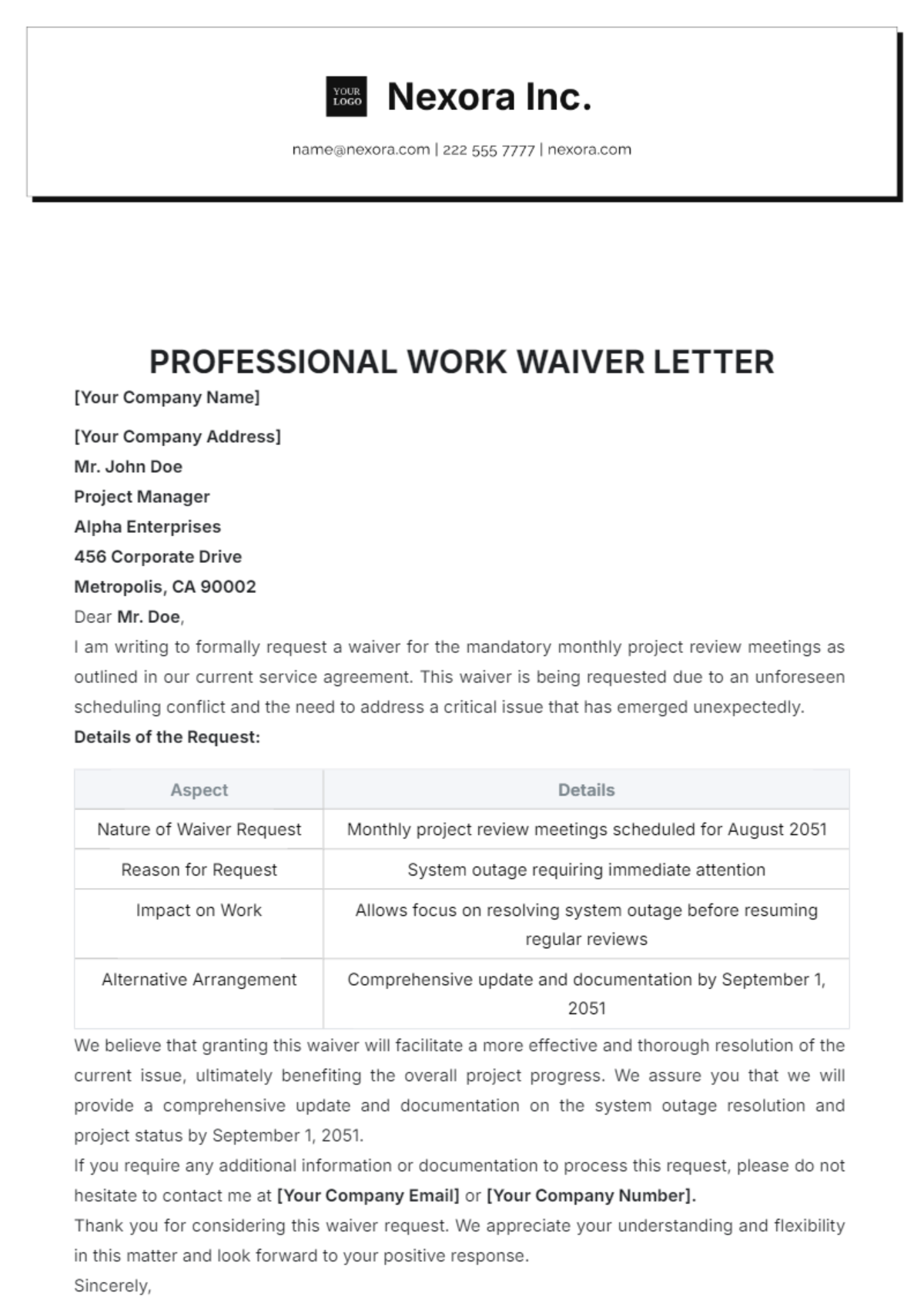 Professional Work Waiver Letter Template - Edit Online & Download