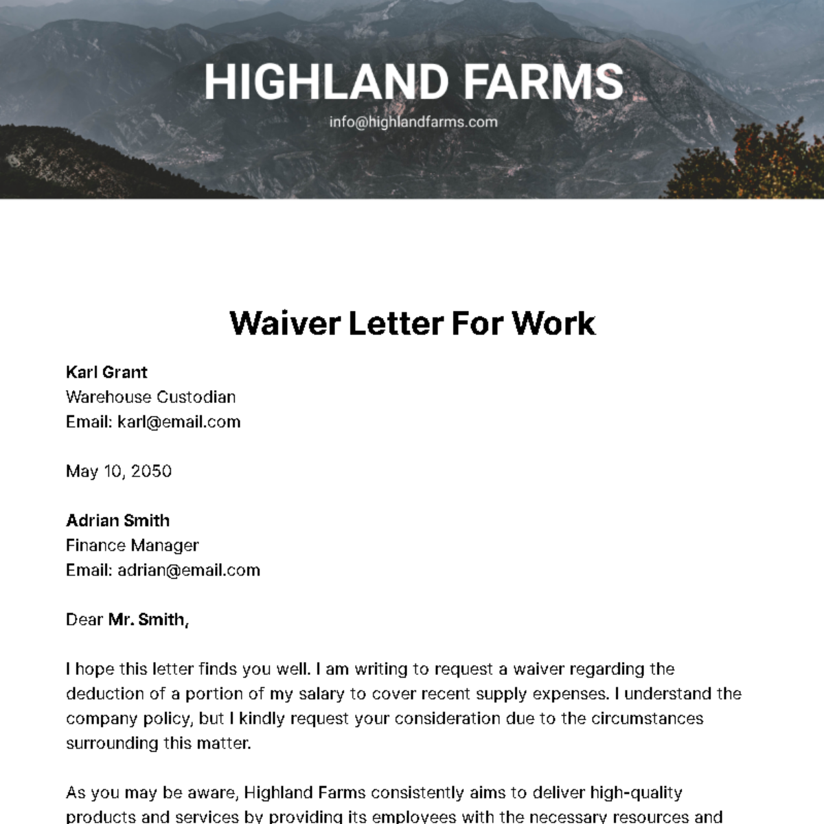 Free Waiver Letter for Work Template