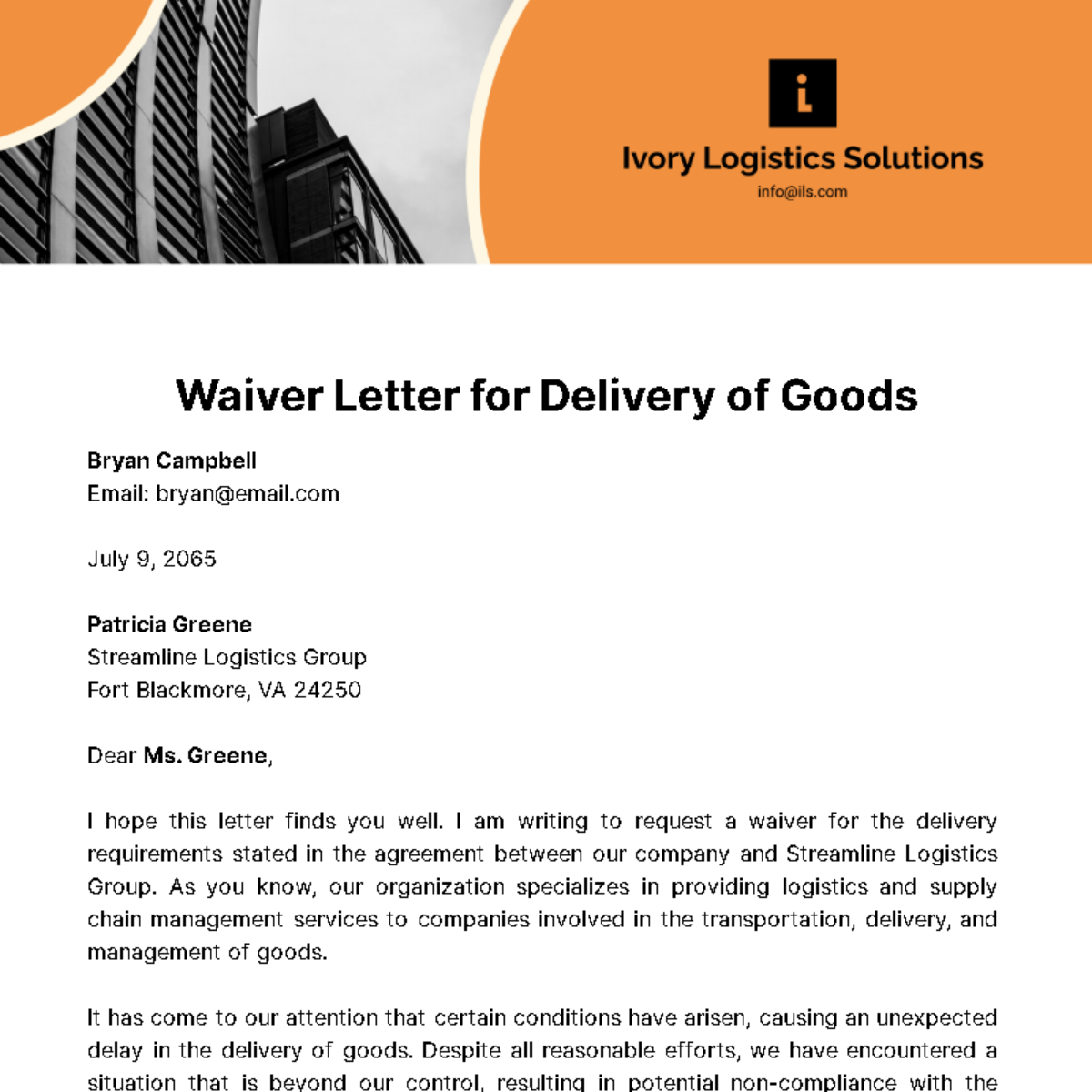 Free Waiver Letter for Delivery of Goods Template