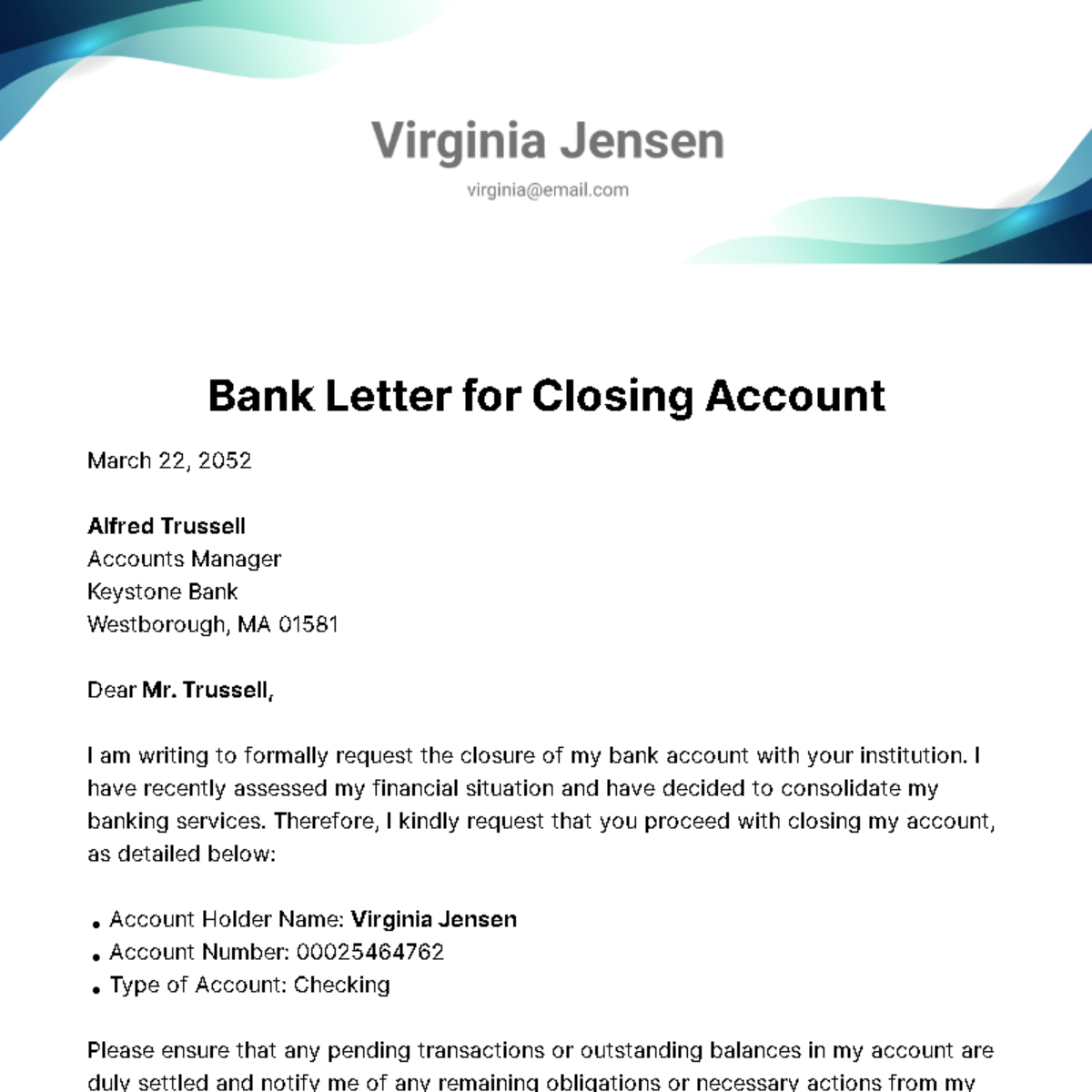 Bank Letter for Closing Account Template