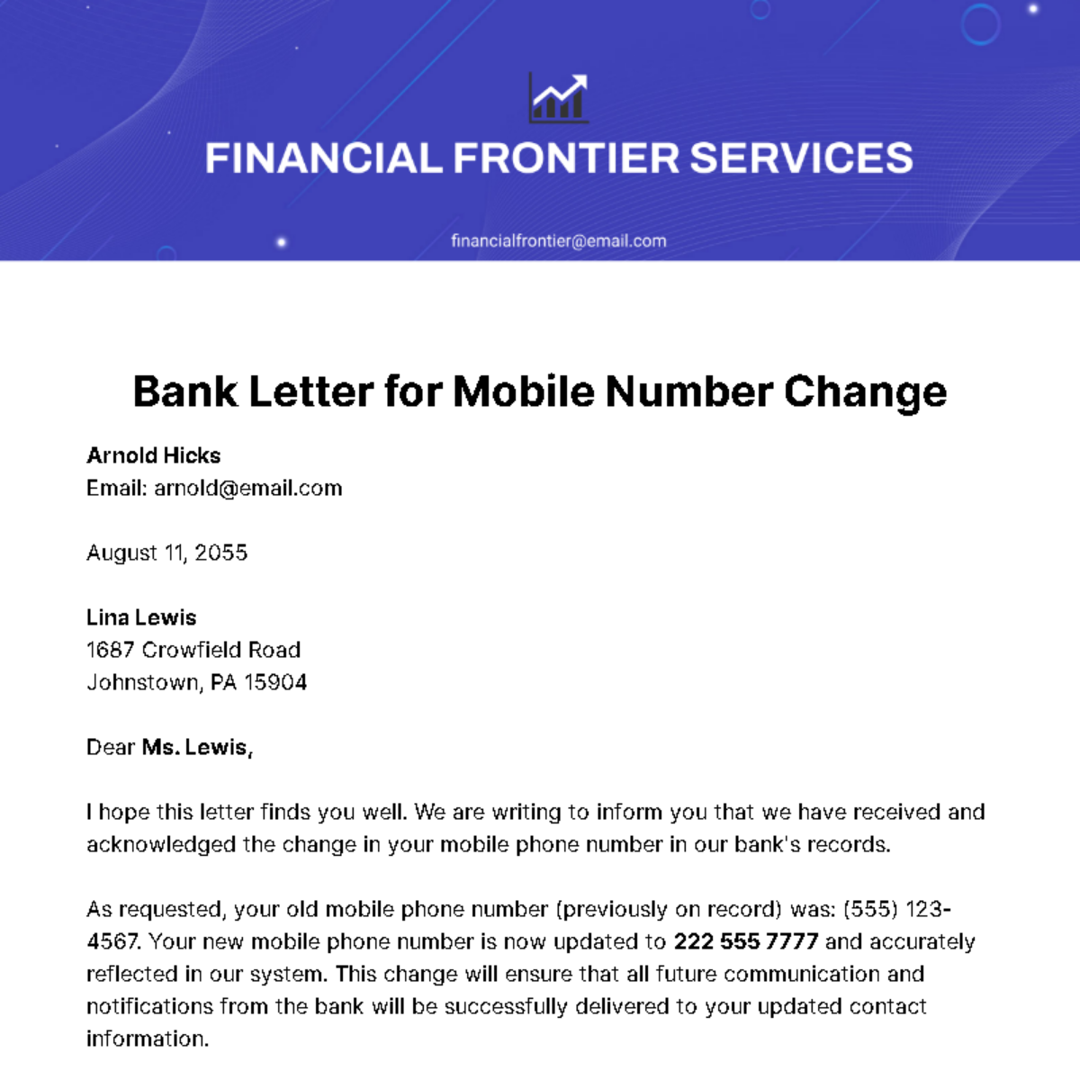 Free Bank Letter for Mobile Number Change Template