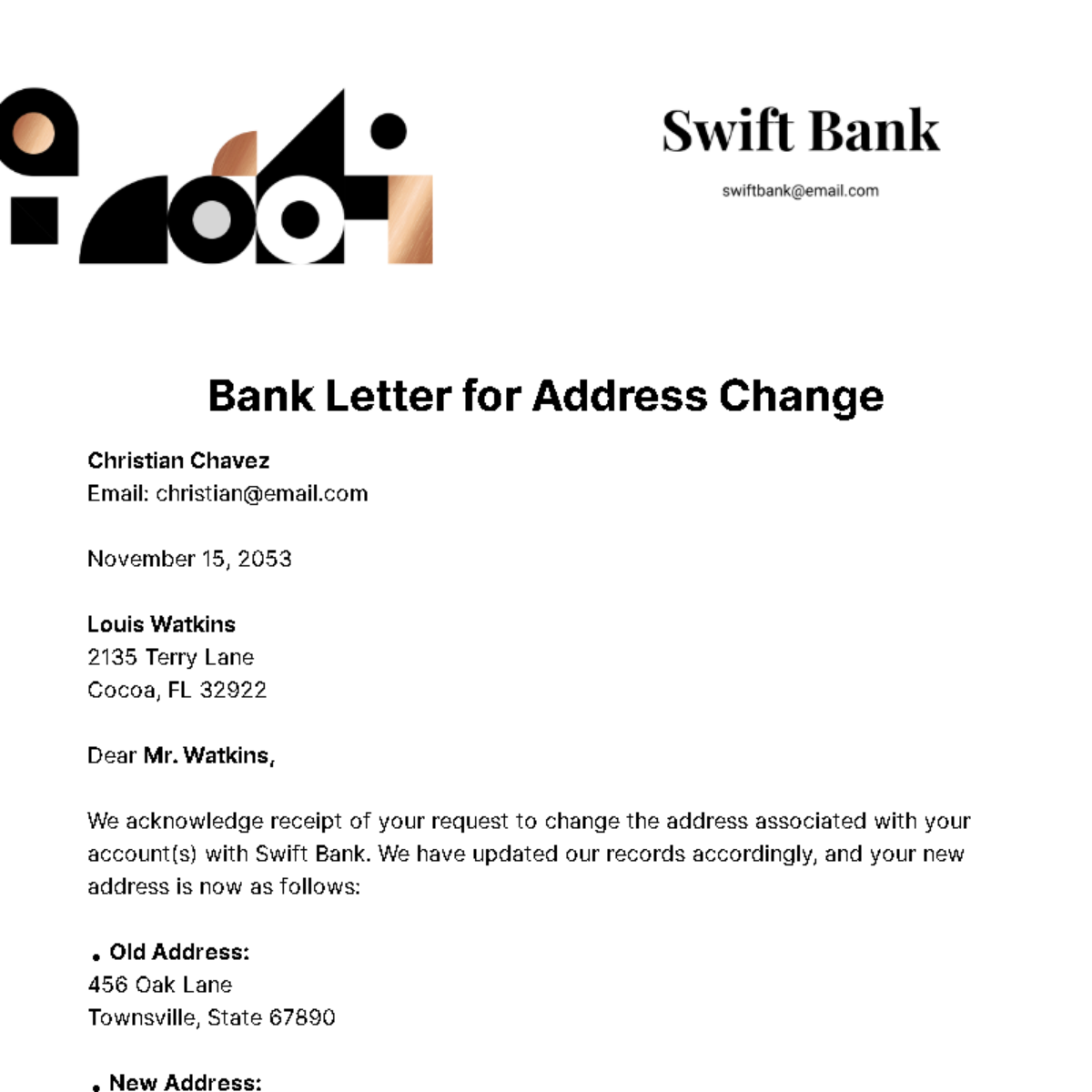 Free Bank Letter for Address Change Template