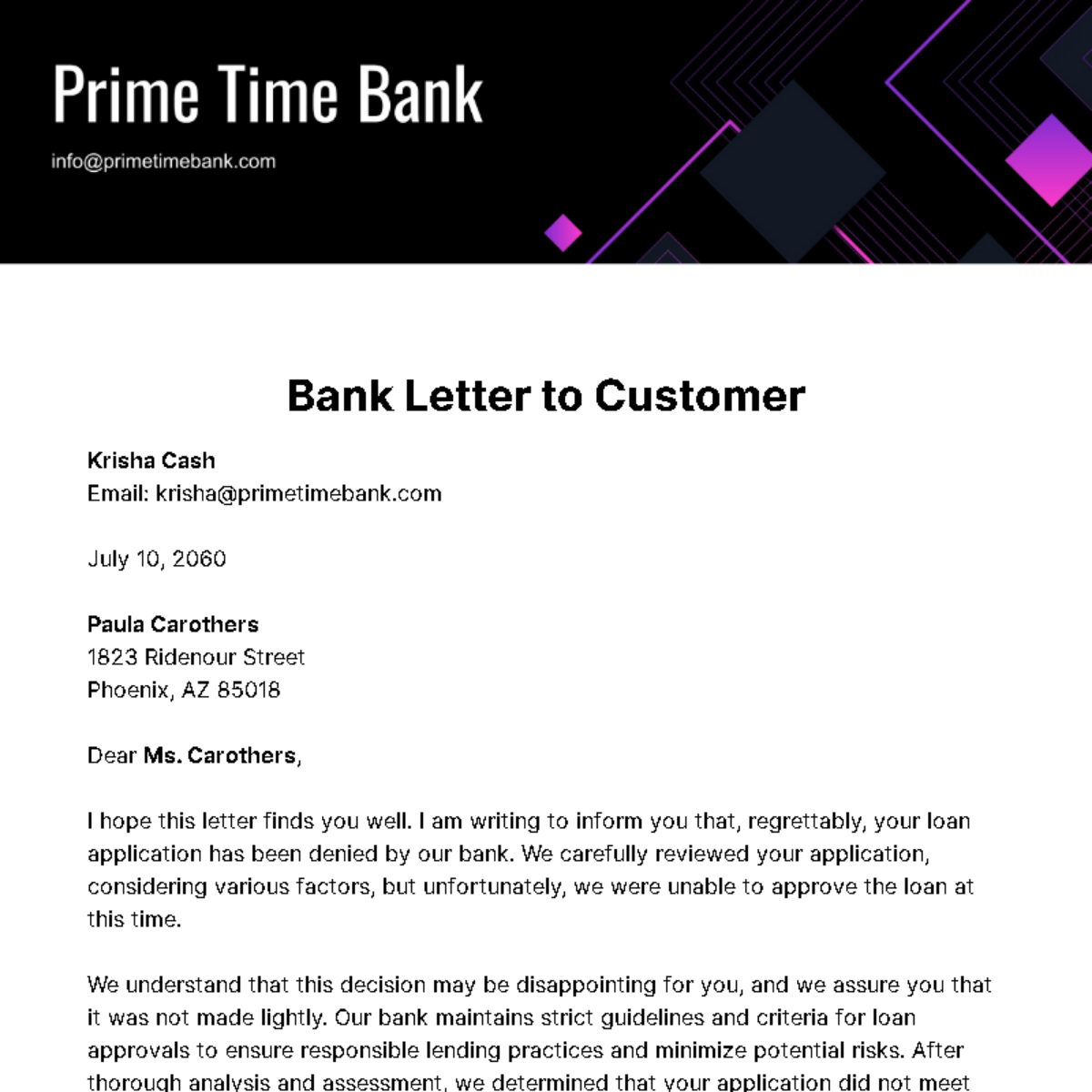 Bank Letter to Customer Template