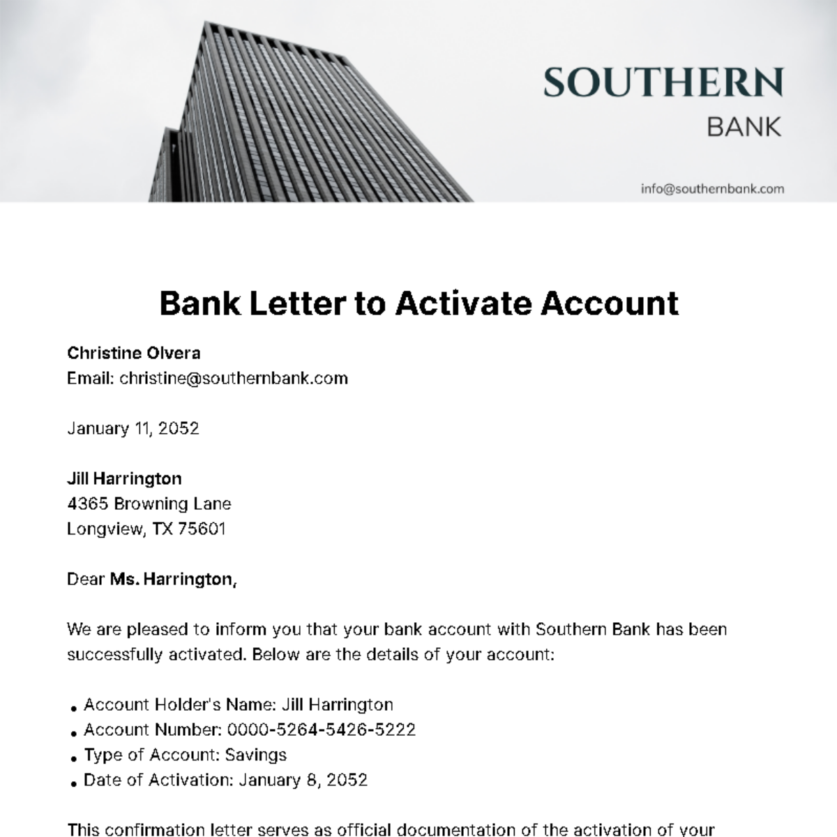 Bank Letter to Activate Account Template