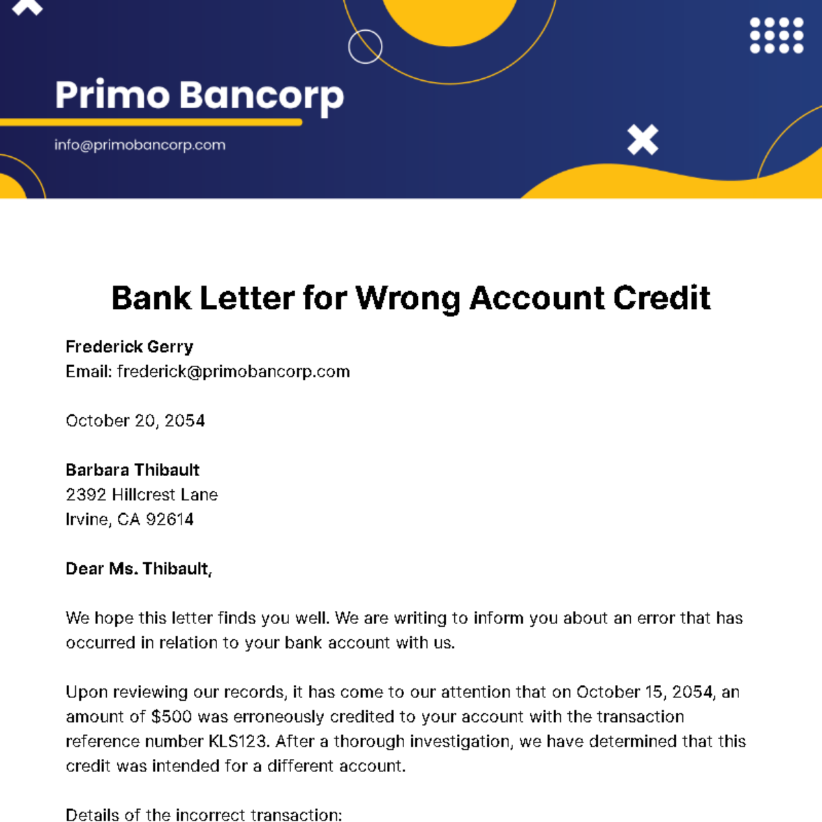 Bank Letter for Wrong Account Credit Template
