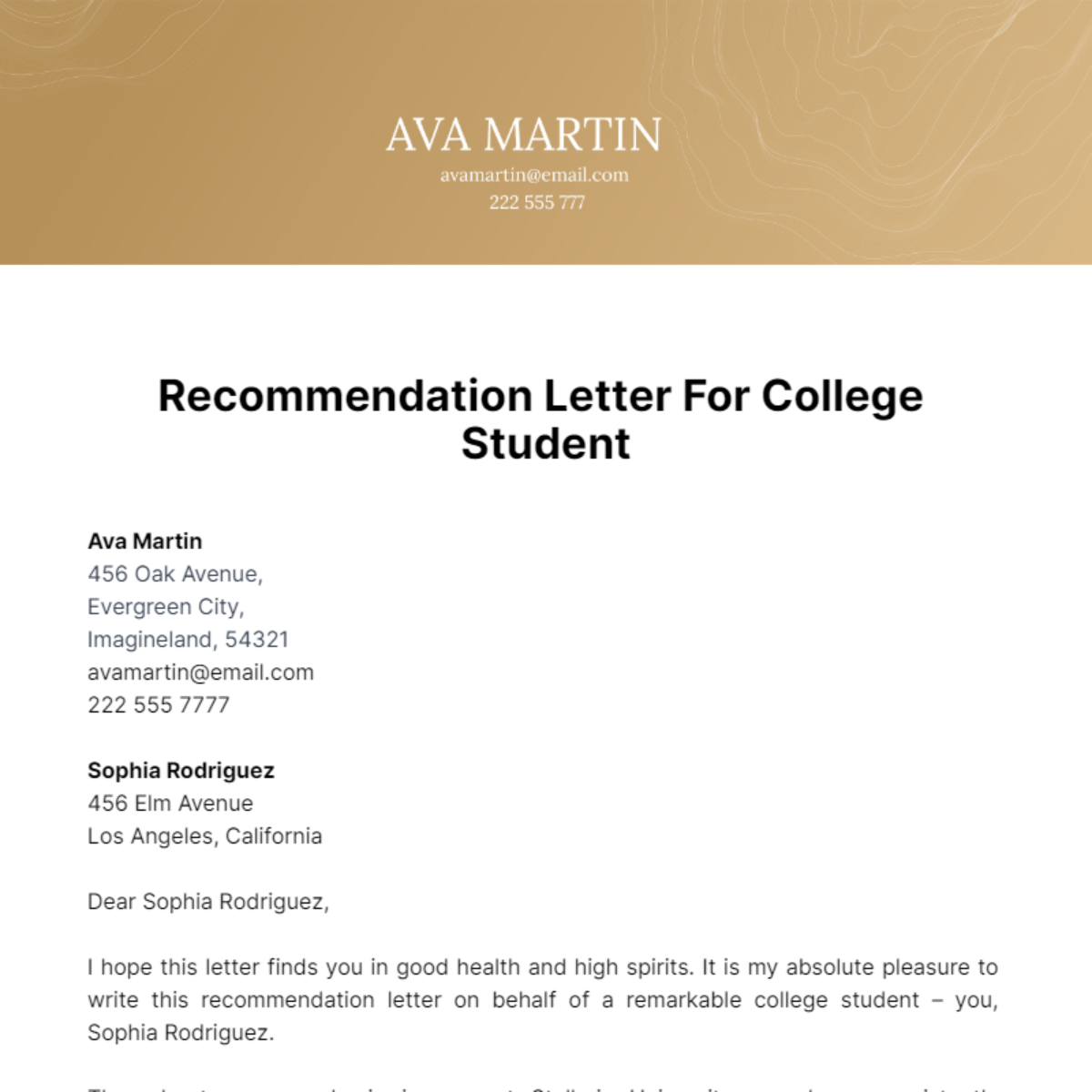 Recommendation Letter For College Student  Template