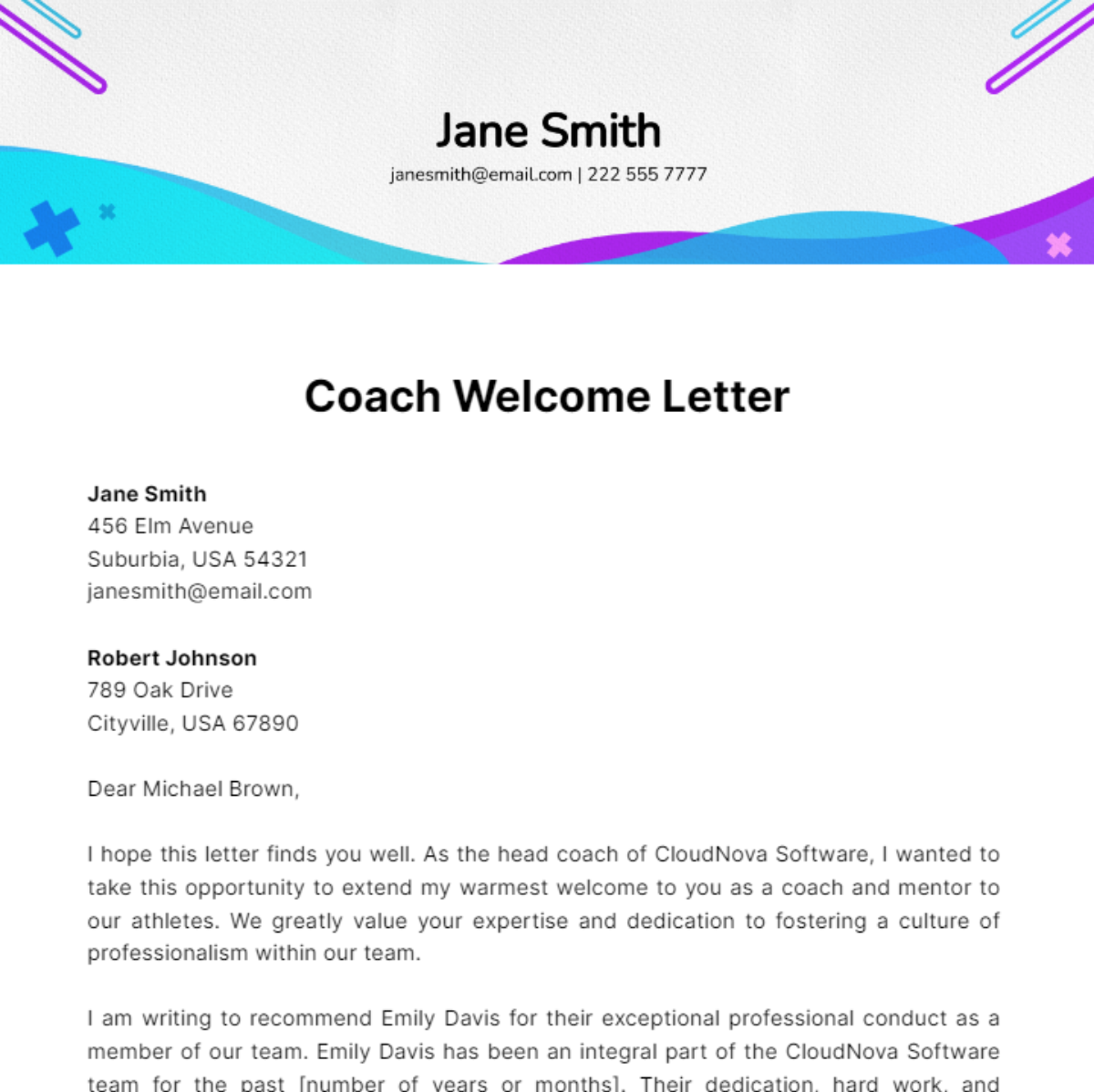 Coach Welcome Letter Template