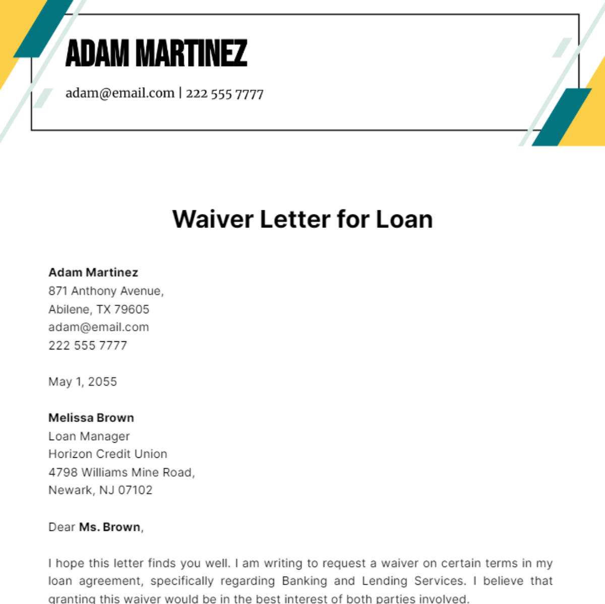 Free Waiver Letter for Loan Template