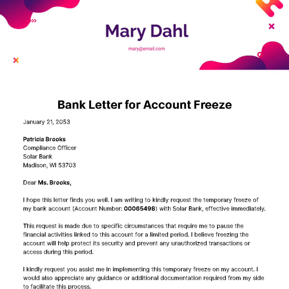 Bank Letter for Account Freeze Template