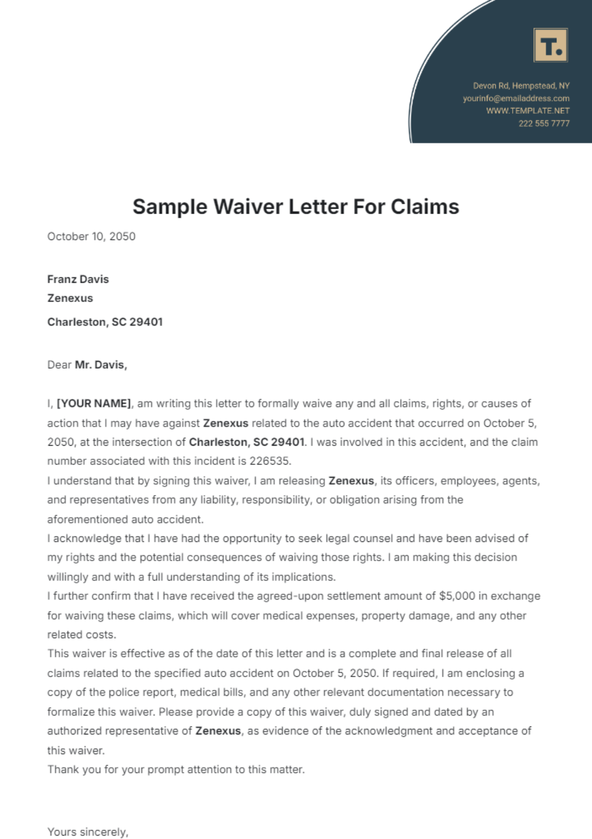 Sample Waiver Letter for Claims Template