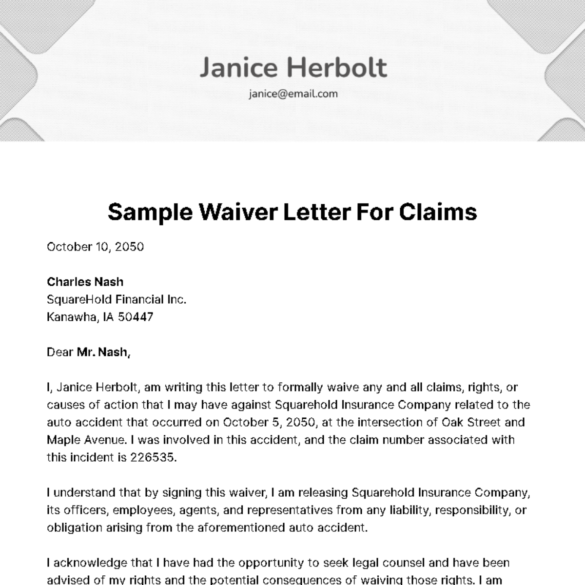 Free Sample Waiver Letter for Claims Template