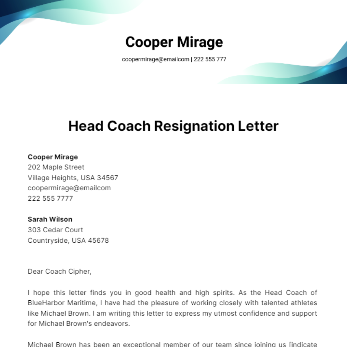 Head Coach Resignation Letter Template