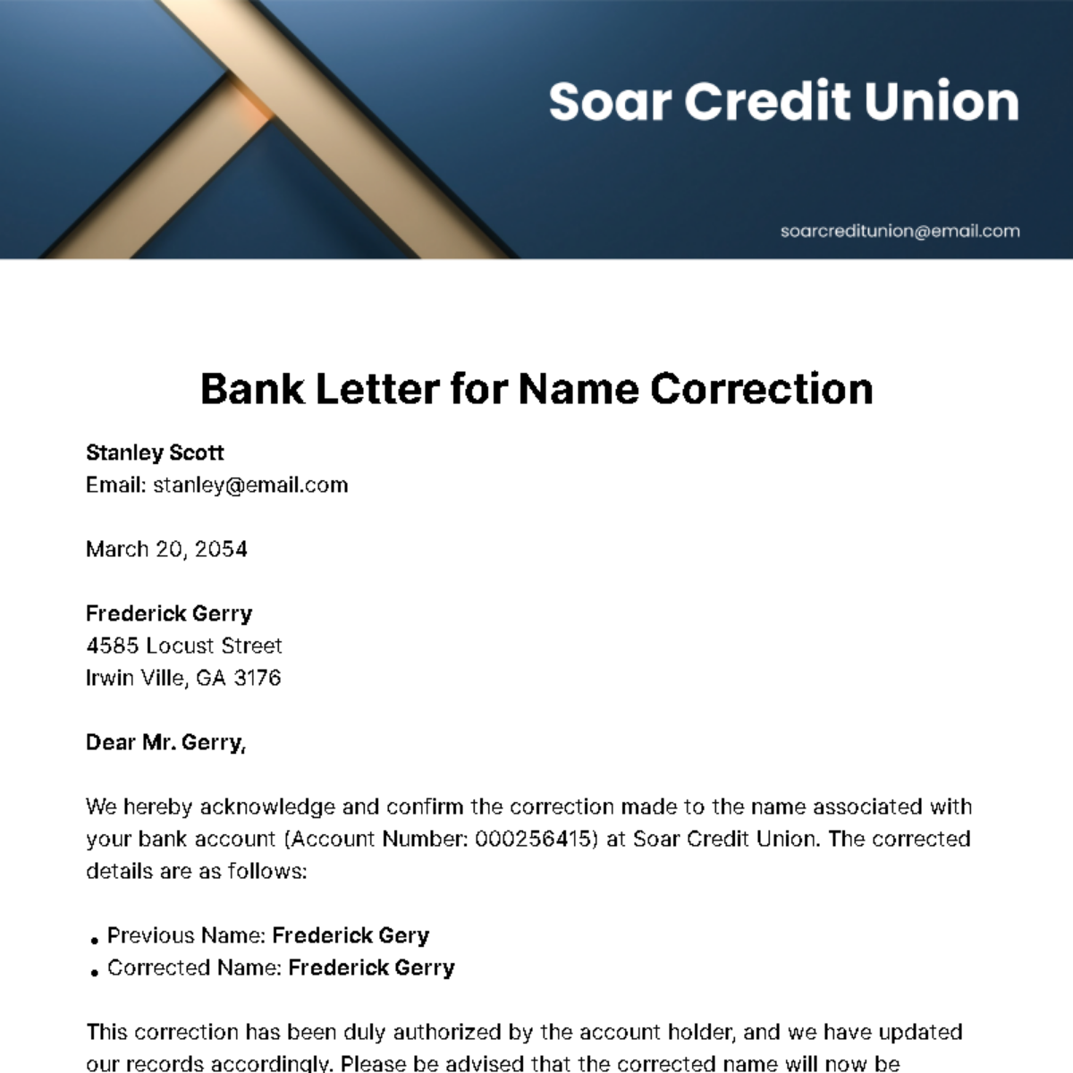 Bank Letter for Name Correction Template