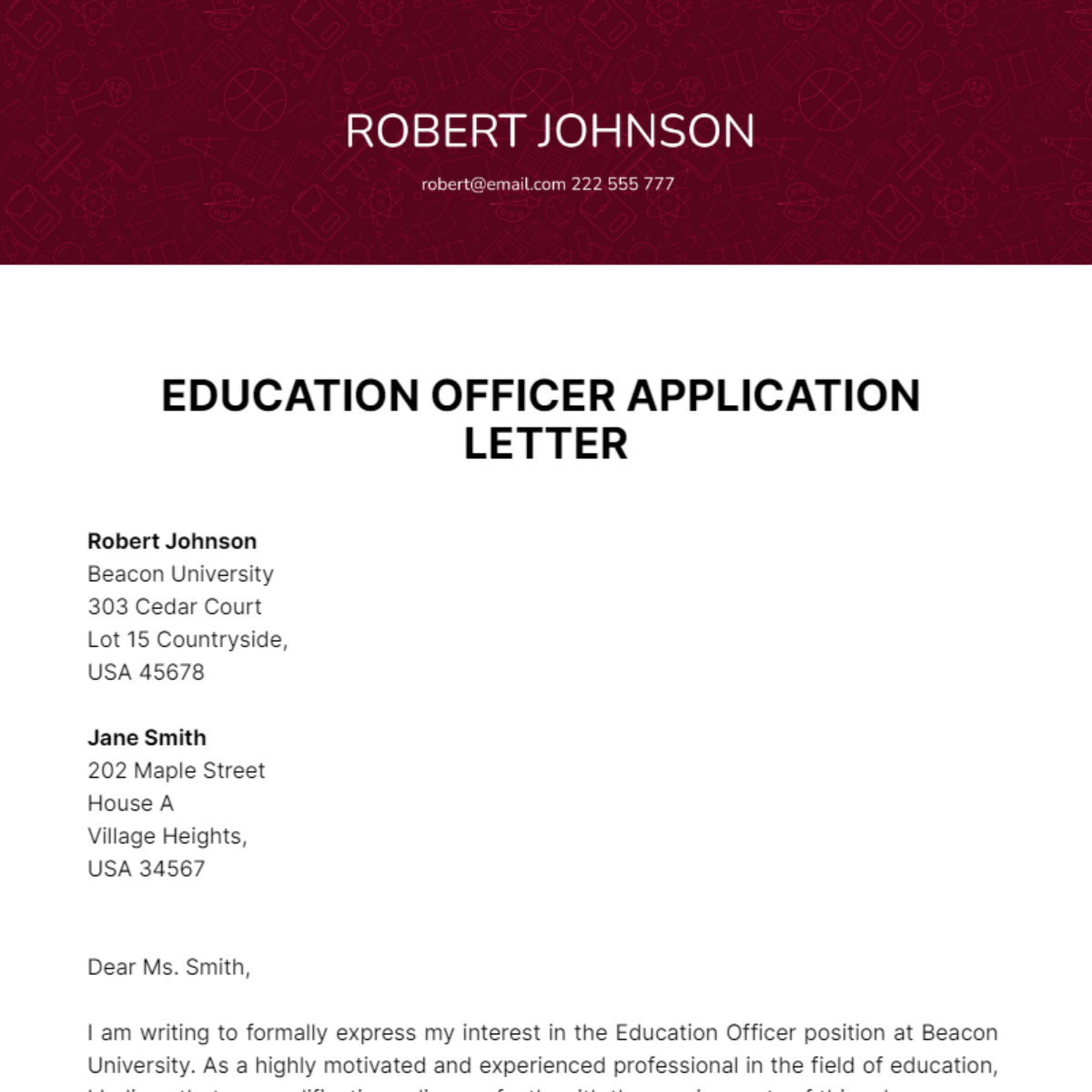 Education Officer Application Letter Template