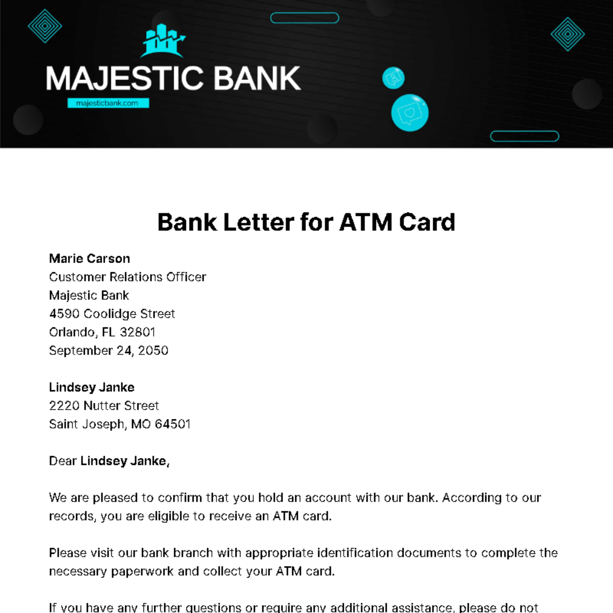 Bank Letter for ATM Card Template