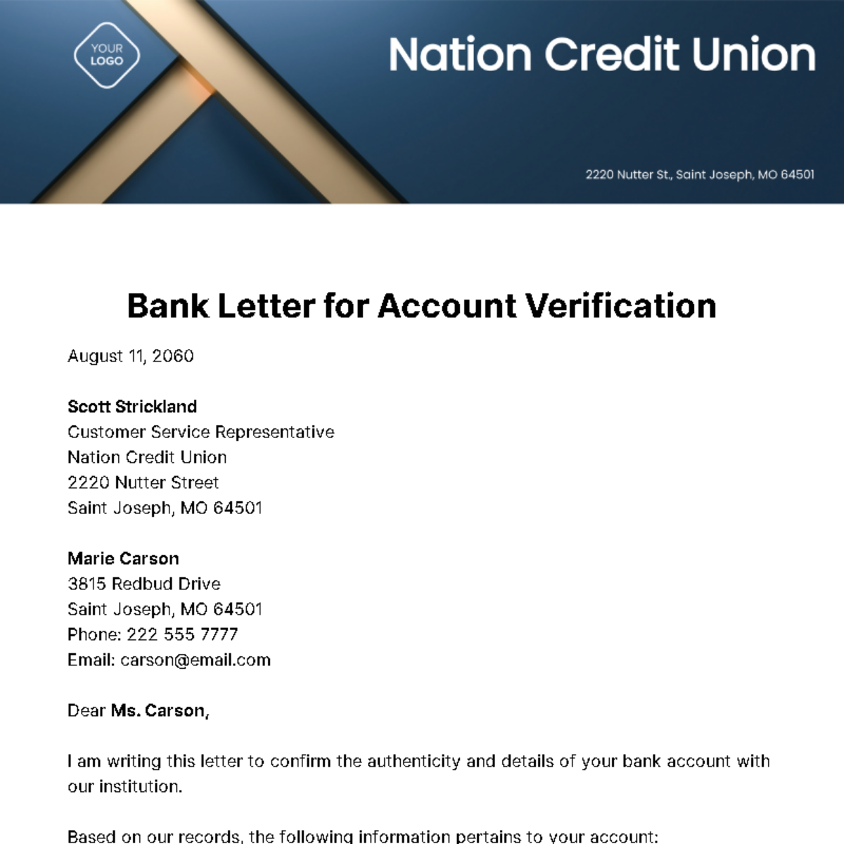 Free Bank Letter for Account Verification Template