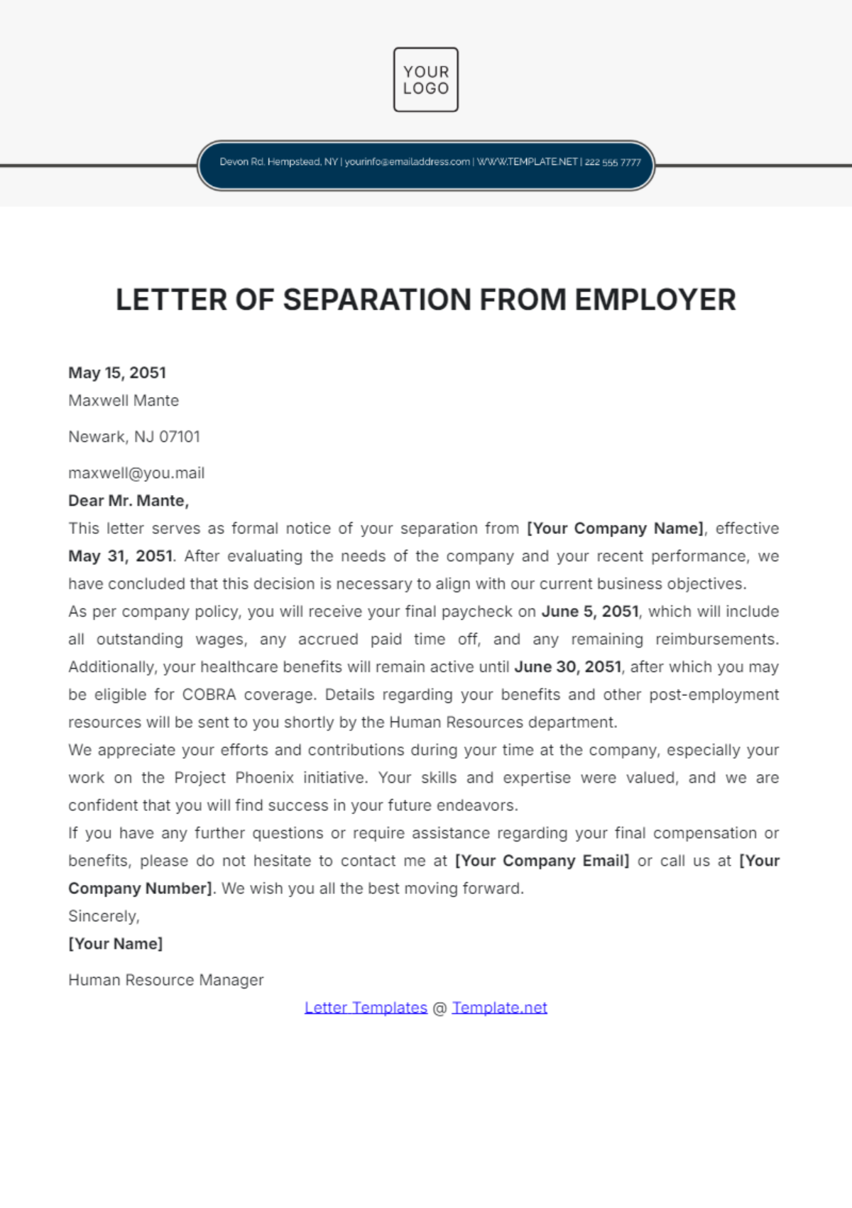 Letter of Separation from Employer Template - Edit Online & Download