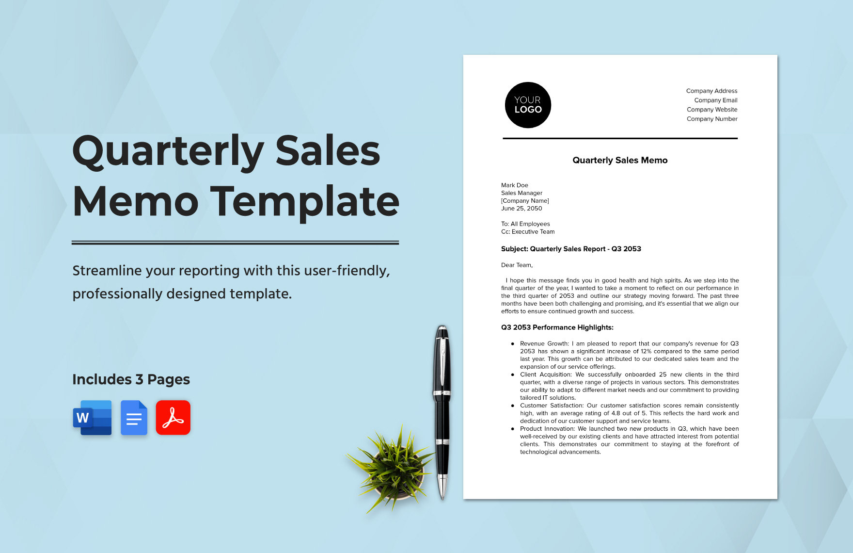 Quarterly Sales Memo Template in Word, Google Docs, PDF