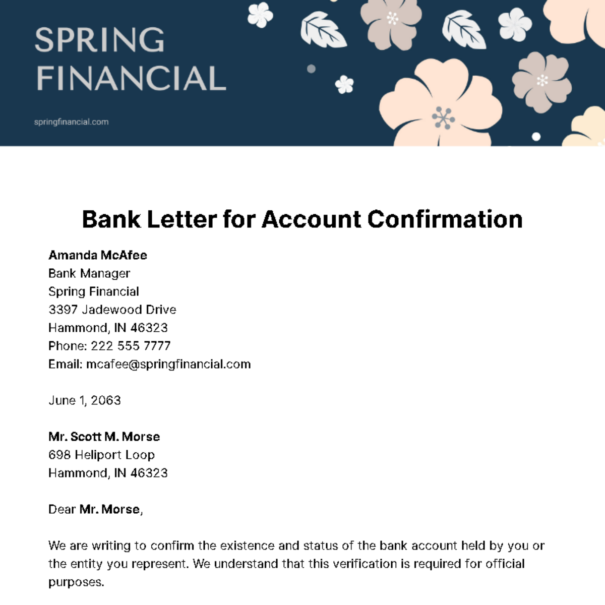 Free Bank Letter for Account Confirmation Template