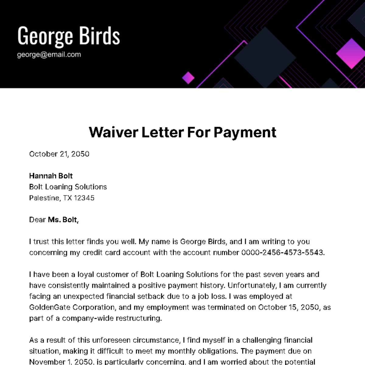Waiver Letter for Payment Template