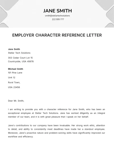 Free Employer Character Reference Letter Template to Edit Online