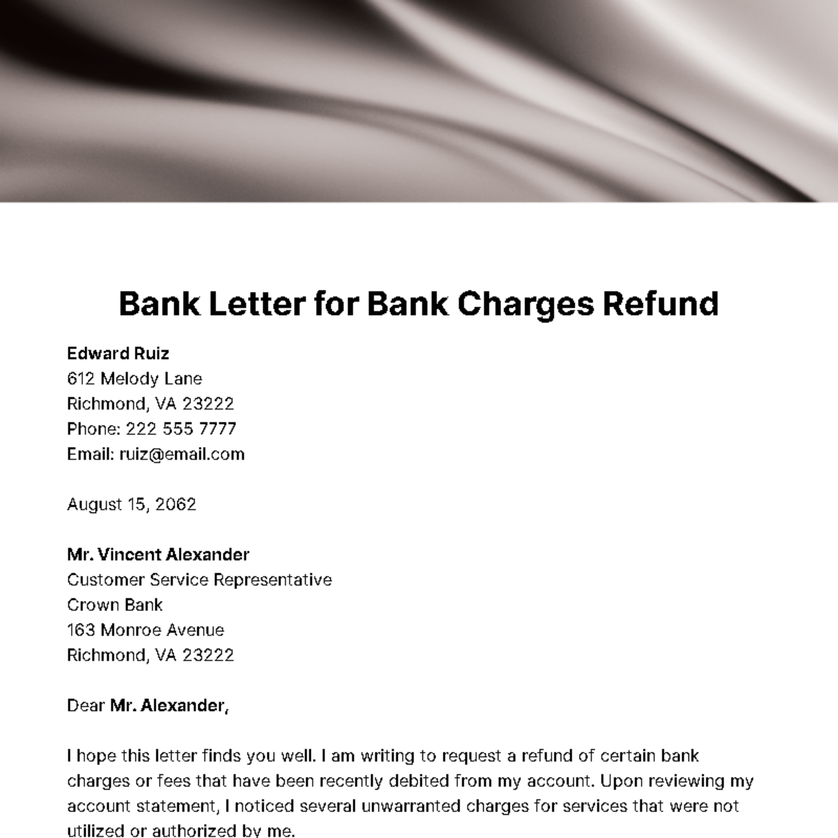 Bank Letter for Bank Charges Refund Template