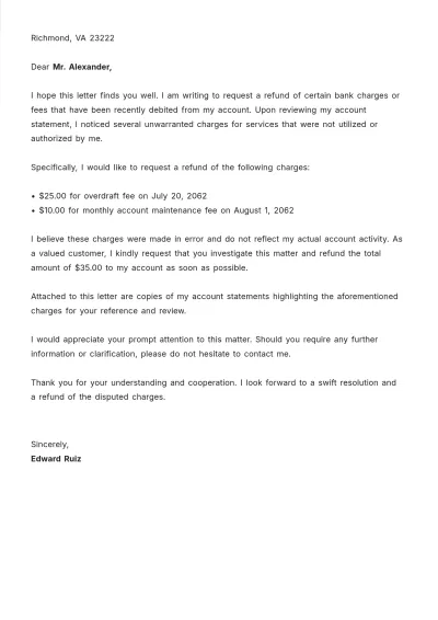 Free Bank Letter for Bank Charges Refund Template to Edit Online
